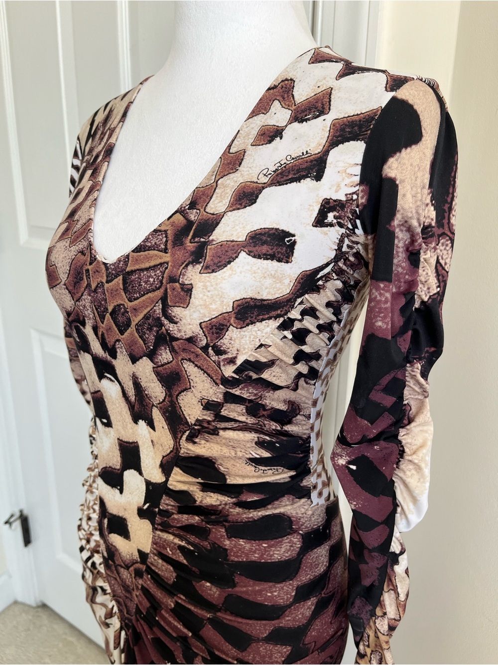 Vintage Vtg Roberto Cavalli FW 2003 Y2K Brown White Animal Print Midi Dress XS - Picture 7 of 11